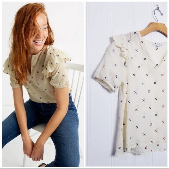 Madewell Cotton Embroidered Popover Blouse sz XXS - Picture 3 of 9